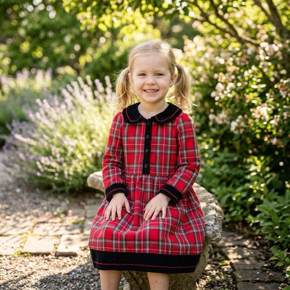 oh baby Brand Vintage Girls Long Sleeve Red & Black Plaid Dress Collar Cuff Sz 4